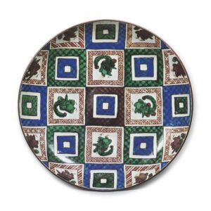 Large dish with design of phoenixes in chequer patterns, enamelled