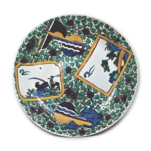 Large dish with design of flower-and-bird against floral patterns, enamelled ware