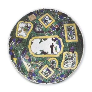 Large dish with design of two figures under the tree against floral patterns, enamelled ware