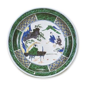 Large dish with angler design, enamelled ware