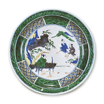 Large dish with angler design, enamelled ware