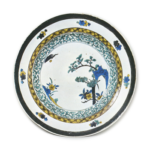 Large dish with design of trees with blossoms, enamelled ware