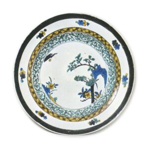 Large dish with design of trees with blossoms, enamelled ware