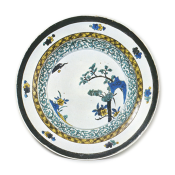 Large dish with design of trees with blossoms, enamelled ware