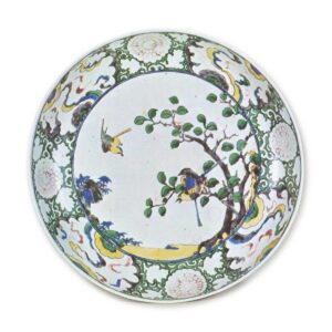 Large dish with tree and bird design, enamelled ware