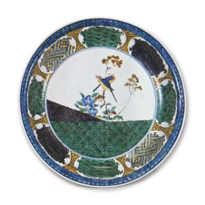 Large dish with design of autumn grasses and two birds, enamelled ware