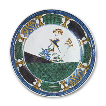 Large dish with design of autumn grasses and two birds, enamelled ware