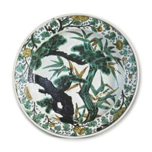 Large dish with pine-tree and bamboo design, enamelled ware