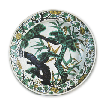 Large dish with pine-tree and bamboo design, enamelled ware