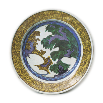 Large dish with hawk, tree and cloud design, enamelled ware