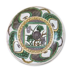 Large dish with flowering grass design, enamelled ware