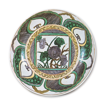 Large dish with flowering grass design, enamelled ware