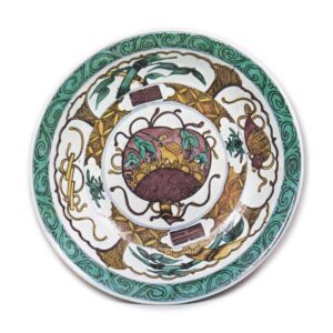 Large dish with design of all treasures, enamelled ware