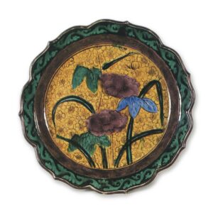 Large foliated dish with peony and iris design, enamelled ware