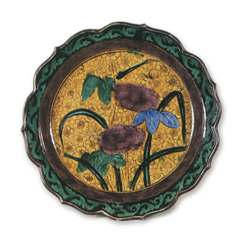 Large foliated dish with peony and iris design, enamelled ware