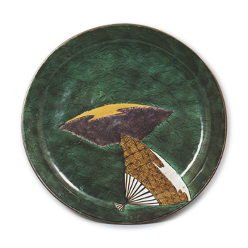 Large dish with design of two folding fans afloat, enamelled ware