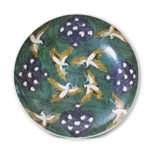 Large dish with crane and playing card design, enamelled ware