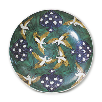 Large dish with crane and playing card design, enamelled ware