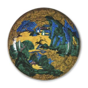 Large dish with design of landscape with houses, enamelled ware