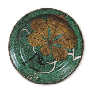 Large dish with oak leaf and bird design, enamelled ware