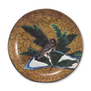 Large dish with kingfisher design, enamelled ware