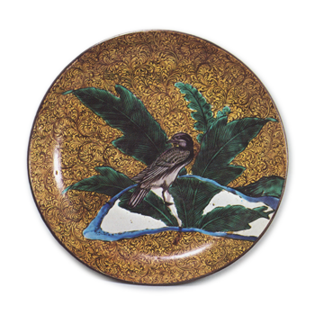 Large dish with kingfisher design, enamelled ware