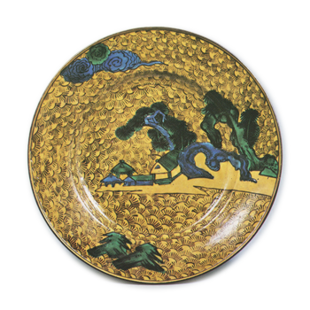 Large dish with design of seashore with pine-trees and houses,