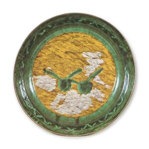 Large dish with design of two hares and waves, enamelled ware