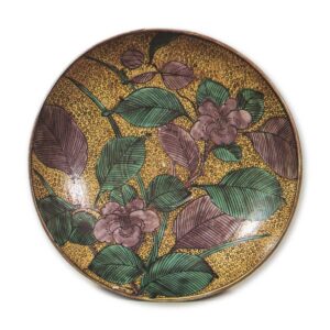 Large dish with camellia blossom design, enamelled ware