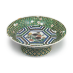 Bowl on foot with design of hexagons and chrysanthemums, enamelled