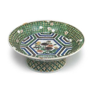 Bowl on foot with design of hexagons and chrysanthemums, enamelled