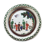 Dish with design of figures on the veranda, enamelled ware