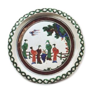 Dish with design of figures on the veranda, enamelled ware