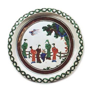 Dish with design of figures on the veranda, enamelled ware