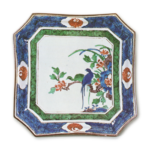 Chamfered square dish with design of peonies and two birds, enamelled ware