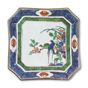 Chamfered square dish with design of peonies and two birds, enamelled ware