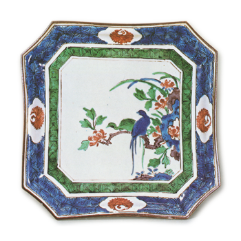 Chamfered square dish with design of peonies and two birds, enamelled ware