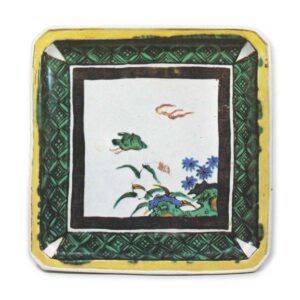 Square dish with flying bird design, enamelled ware