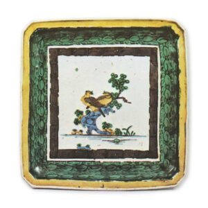 Square dish with design of two birds in tree, enamelled ware