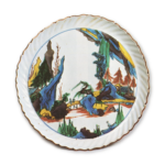 Foliated diwh with design of landscape with a figure on the bridge, enamelled ware