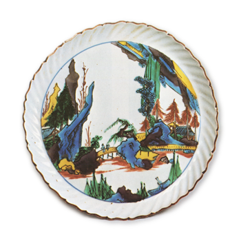 Foliated diwh with design of landscape with a figure on the bridge, enamelled ware