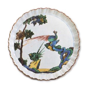 Foliated dish with pheasant design, enamelled ware