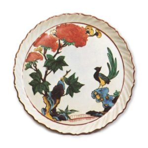 Foliated dish with peony and bird design, enamelled ware