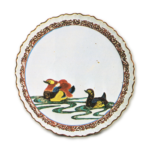 Foliated dish with design of pair of mandarin ducks, enamelled ware