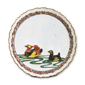 Foliated dish with design of pair of mandarin ducks, enamelled ware