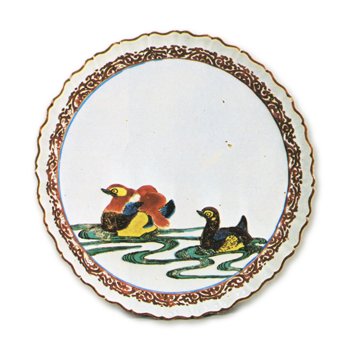 Foliated dish with design of pair of mandarin ducks, enamelled ware