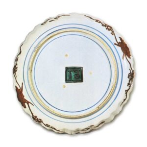 Foliated dish with design of pair of mandarin ducks, enamelled ware