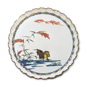 Foliated dish with reed and heron design, enamelled ware