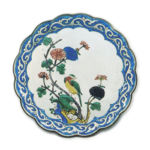 Lobed dish with flower-and-bird design, enamelled ware