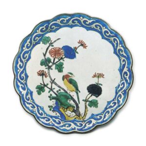 Lobed dish with flower-and-bird design, enamelled ware